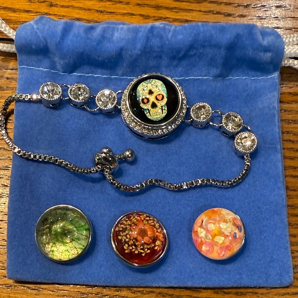 Silver Skull Charm Bracelet with Interchangeable Discs